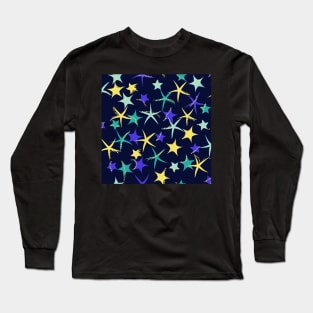 Starfish galaxy in deepest blue, deep periwinkle, butter yellow and teal green Long Sleeve T-Shirt